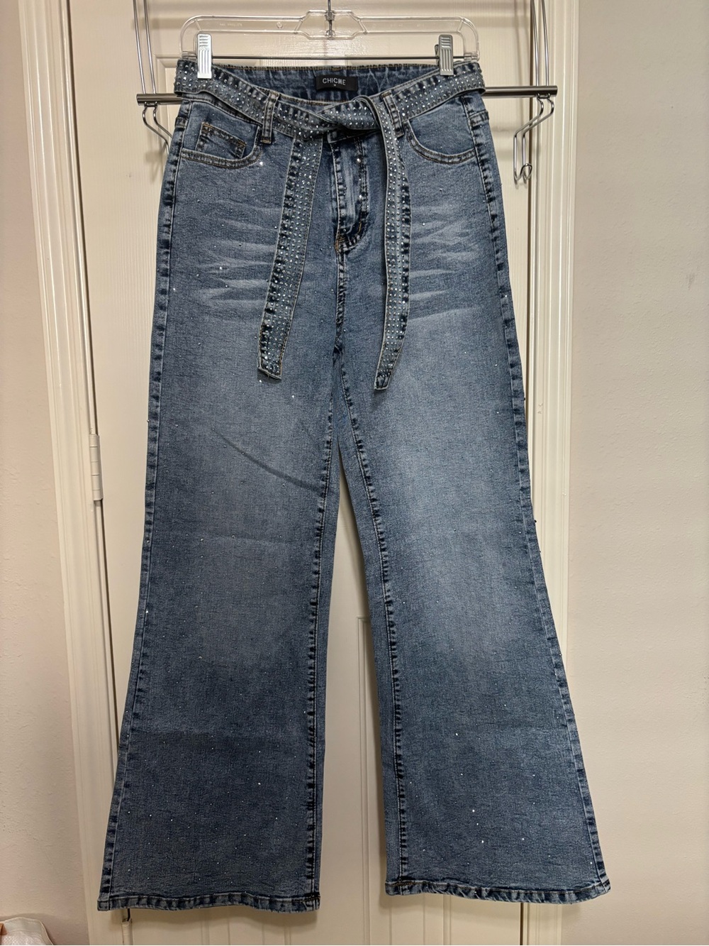 Chic Me Medium Denim Flares with Studded Self-Tie Belt